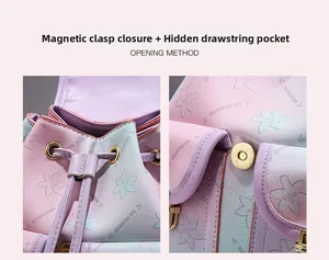 Macro detail of gradient PU leather bag with white floral print and magnetic metal clasp