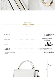 Detailed view of white grid pattern crossbody bag with dimensions and silver hardware