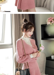 Detail of pink knitted cardigan and skirt set with a black leather handbag accessory