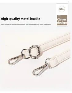 Close-up of white lychee leather strap with rustproof silver metal buckle and durable hook