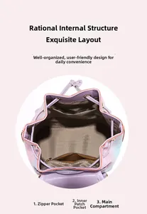 Internal view of purple soft leather backpack with zipper pocket and main compartment