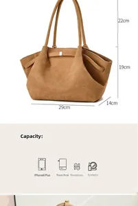 Detailed size chart of large brown suede tote bag with 29cm width and 19cm height