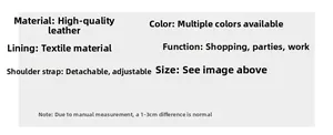 Detailed chart showing premium leather material, adjustable straps and bag specifications