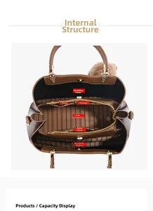 Top view of the spacious interior compartments and multiple pockets of this ladies' handbag