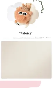 Detail of premium beige PU leather texture and cute plush bag charm with sunglasses