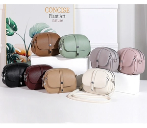 Detailed view of eight colors of stylish lychee pattern leather crossbody bags with straps