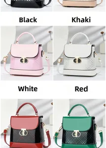 Detail view of stylish crossbody bags in various colors with glossy finish and metal T-buckle