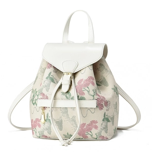 Zaino ricamato a fiori alla moda con finiture in pelle bianca e dettagli dorati
