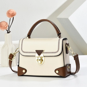Women PU Leather Handbag Contrast Color Crossbody Bag With Detachable Strap Retro Box Shape Metal Rotary Lock For Daily