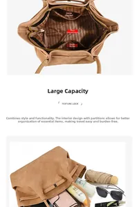 Detailed interior of large khaki tote bag featuring zip pockets and spacious compartments