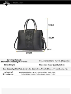Detailed size chart of a black handbag featuring elegant rose embossed floral patterns