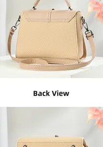 Detailed back view and top closure of beige woven satchel bag with leather handles