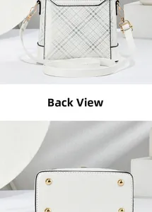 Detailed back and bottom views of stylish white plaid women's crossbody bucket handbag