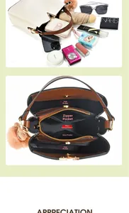 Internal structure of bicolor bucket bag showing multiple pockets and spacious interior