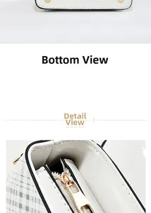 Detail view of the white checkered bag featuring golden metal studs and a smooth zipper closure