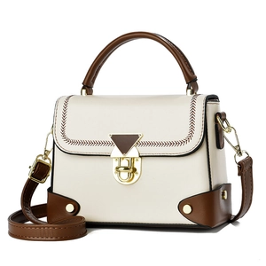 Elegant beige and brown square crossbody bag with vintage gold hardware and stitching