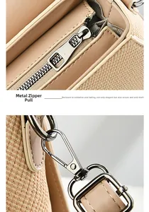 Detail of premium silver hardware and woven texture on a beige crossbody messenger bag