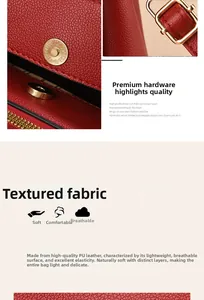 Detail view of red lychee grain PU leather shoulder bag with magnetic metal buckle closure