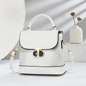 Modern white contrast crossbody bag with gold T-lock and textured grey pattern