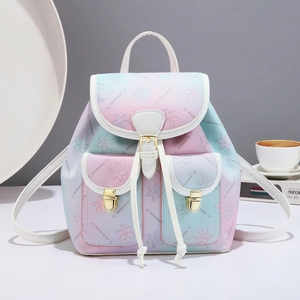 Women Mini Backpack PU Leather Gradient Macaron Floral Print Drawstring Flap Fashion Casual School Bag For Girls