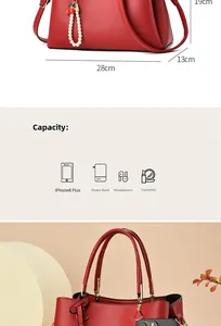 Red pebbled leather handbag size 28x19x13cm showing large capacity for daily essentials