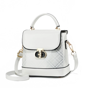 Fashionable white patent leather crossbody bag with grid pattern and gold lock
