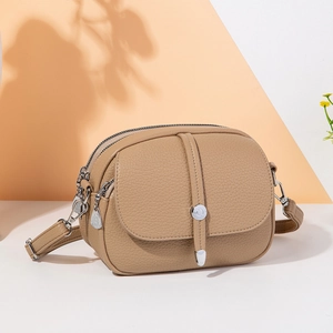 Khaki pebbled leather shoulder bag with three-layer zipper and silver metal hardware