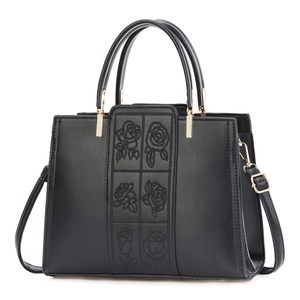 Elegant black PU leather handbag with rose embroidery and gold-tone hardware for women