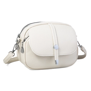 Chic milk white crossbody bag in lychee pattern leather with silver zippers and flip cover