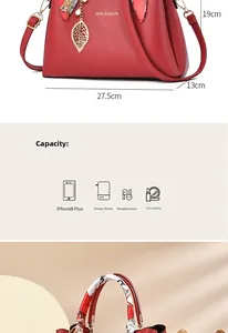 Detail of red bridal tote bag with lychee pattern, scarf-wrapped handle and leaf charm