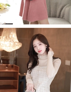 Detailed view of elegant lace拼接 design on the neck and cuffs of a beige knit sweater