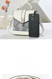 Detail view of mini bag internal compartments and size comparison with phone