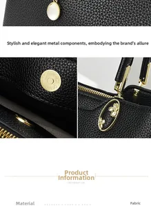 Détail du fermoir métallique floral doré et du bouton magnétique sur sac en cuir noir
