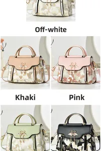 Detail view of five luxury contrast handbags with swan buckles and tassel charms