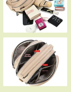 Detail view of large capacity beige crossbody bag with five functional compartments