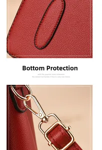 Detailed macro of red litchi grain leather bag with gold hardware and protective base studs