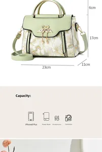Detailed dimension guide and capacity overview for the floral print crossbody handbag