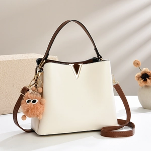 Women PU Leather Bucket Bag With Gold V Metal Logo And Plush Charm Contrast Color Shoulder Crossbody Handbag Casual