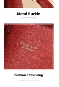 Detail of red lychee leather bag with gold buckle and fashion classic lettering
