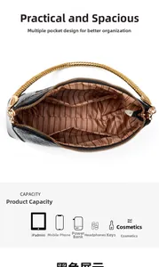 Interior detail of patent leather handbag showing multiple compartments for iPad mini and phone