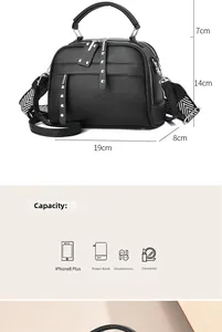 Detailed size chart of black pebbled leather handbag with 19x14x8cm dimensions