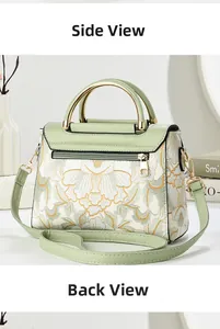 Detail view of floral embroidery and rear zipper pocket on stylish ladies handbag