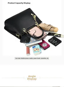 Détail de la capacité du sac cabas en cuir noir avec tablette, portefeuille et maquillage
