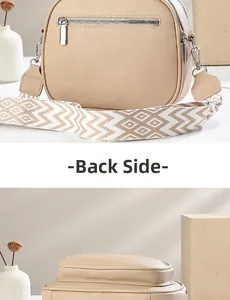 Macro detail of khaki leather shoulder bag with back zipper pocket and jacquard strap