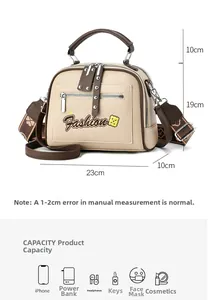 Detail view of beige and brown tote bag dimensions and internal capacity layout