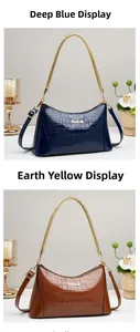 Detail of luxury crocodile pattern patent leather handbags in navy blue and yellow colors