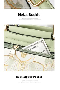 Macro view of floral embroidery detail with golden metal clasp and rear zipper pocket