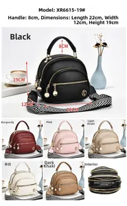 Detail view of multi-layer crossbody bag showing dimensions and six color options