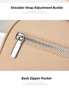 Detailed macro view of beige lychee grain leather stitching and silver back zipper