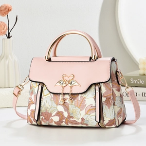 Floral Embroidery PU Leather Alloy Metal Handle Handbag Shoulder Crossbody Bag Swan Buckle Artificial Pearl Elegant For Women